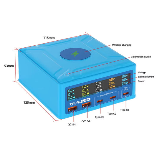 Cargador Estación Relife RL-304R QI, 260W, 3A, 2 x USB-A - 3 x USB-C, Azul