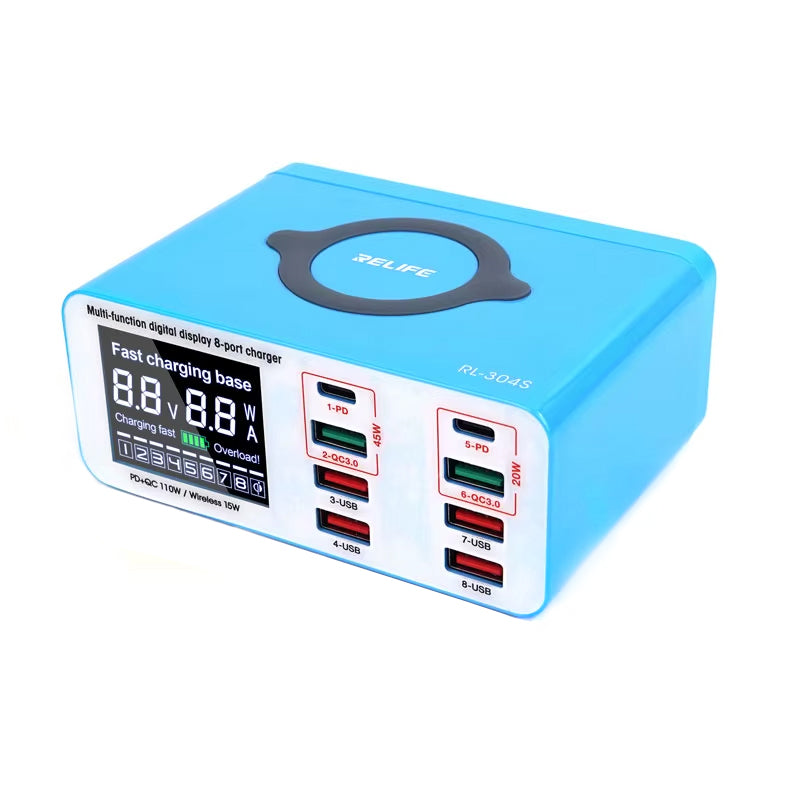 Cargador Estación Relife RL-304S QI, 110W, 3A, 2 x USB-C - 6 x USB-A, Azul