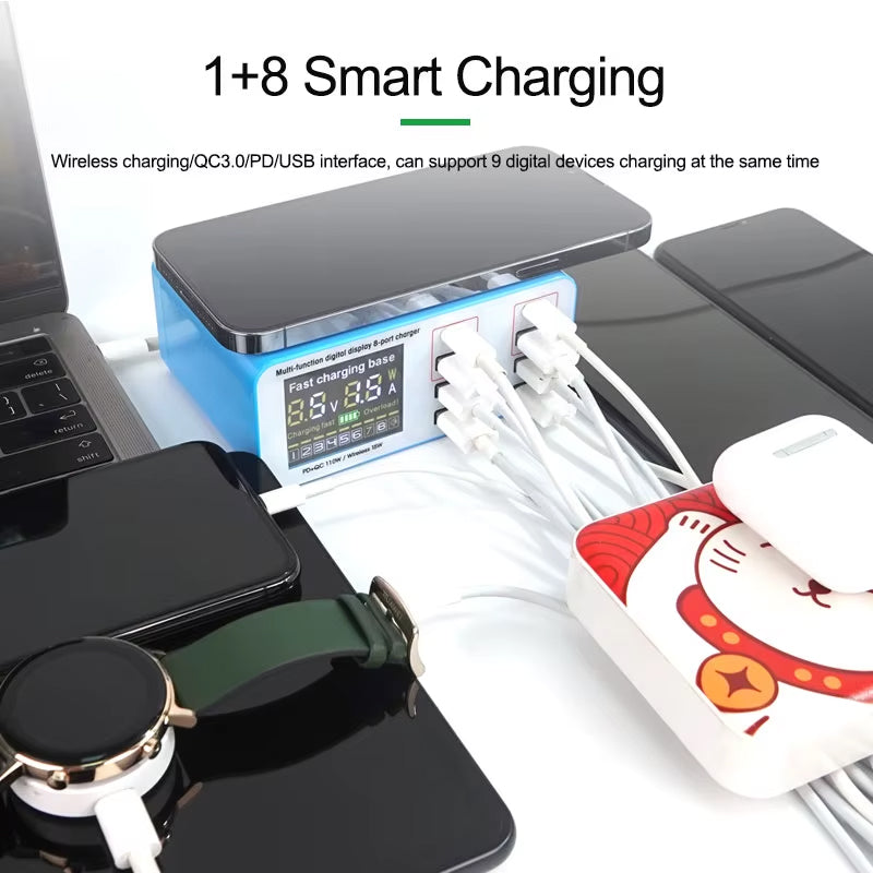 Cargador Estación Relife RL-304S QI, 110W, 3A, 2 x USB-C - 6 x USB-A, Azul