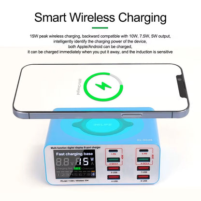 Cargador Estación Relife RL-304S QI, 110W, 3A, 2 x USB-C - 6 x USB-A, Azul
