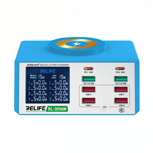 Cargador Estación Relife RL-309AW, 100W, 5A, 2 x USB-C - 6 x USB-A, Azul
