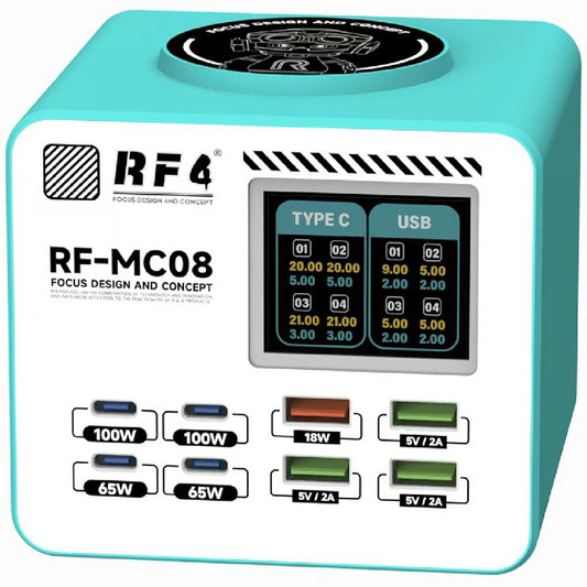 Cargador Estación RF4 RF-MC08, 150W, 5A, 4 x USB-A - 4 x USB-C, Turquesa