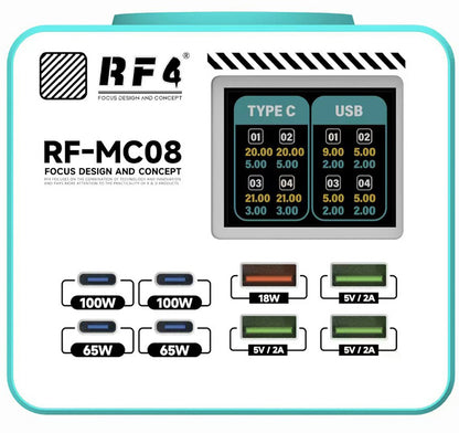 Cargador Estación RF4 RF-MC08, 150W, 5A, 4 x USB-A - 4 x USB-C, Turquesa