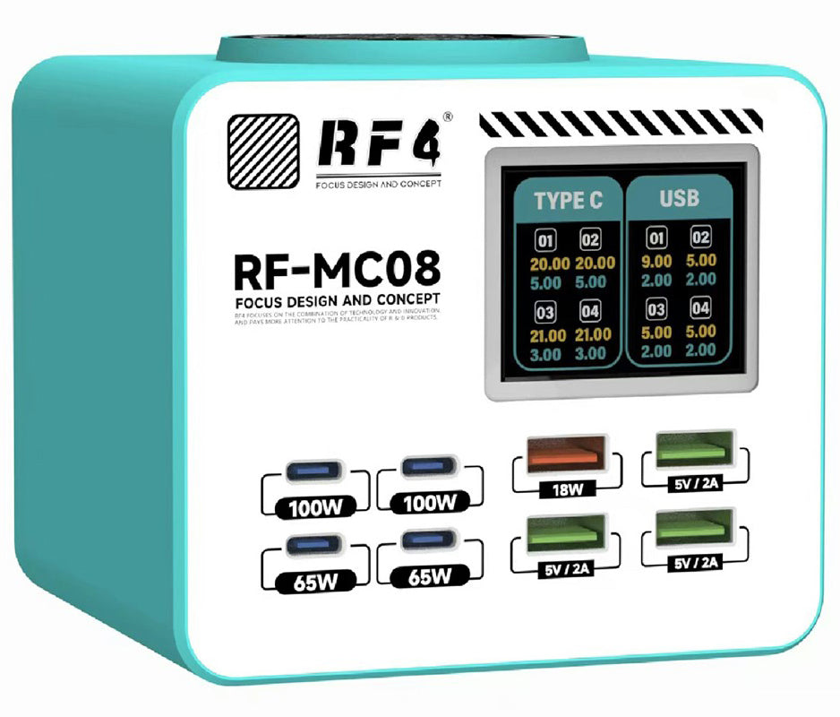 Cargador Estación RF4 RF-MC08, 150W, 5A, 4 x USB-A - 4 x USB-C, Turquesa
