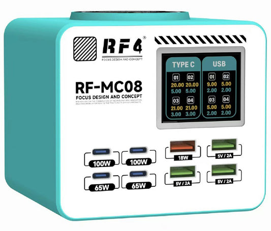 Cargador Estación RF4 RF-MC08, 150W, 5A, 4 x USB-A - 4 x USB-C, Turquesa
