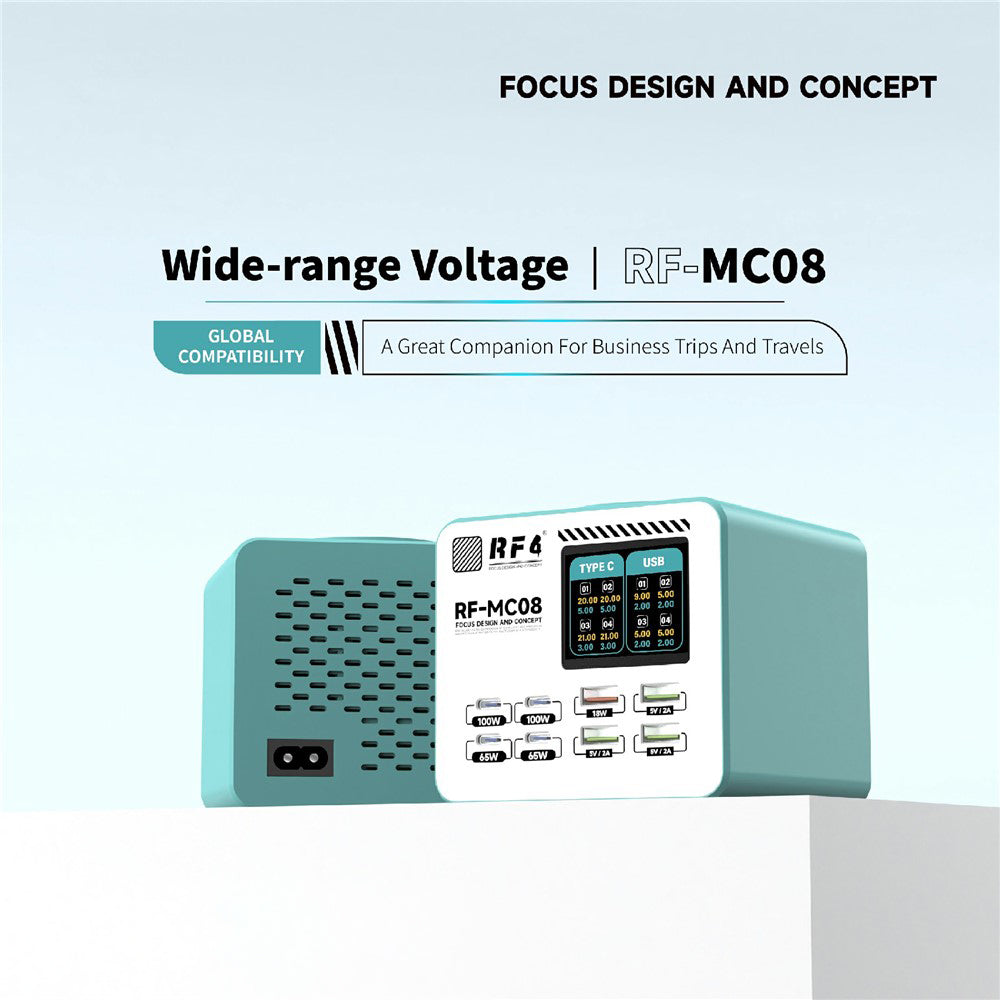 Cargador Estación RF4 RF-MC08, 150W, 5A, 4 x USB-A - 4 x USB-C, Turquesa