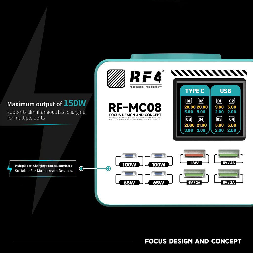 Cargador Estación RF4 RF-MC08, 150W, 5A, 4 x USB-A - 4 x USB-C, Turquesa