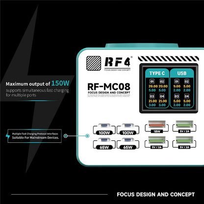 Cargador Estación RF4 RF-MC08, 150W, 5A, 4 x USB-A - 4 x USB-C, Turquesa