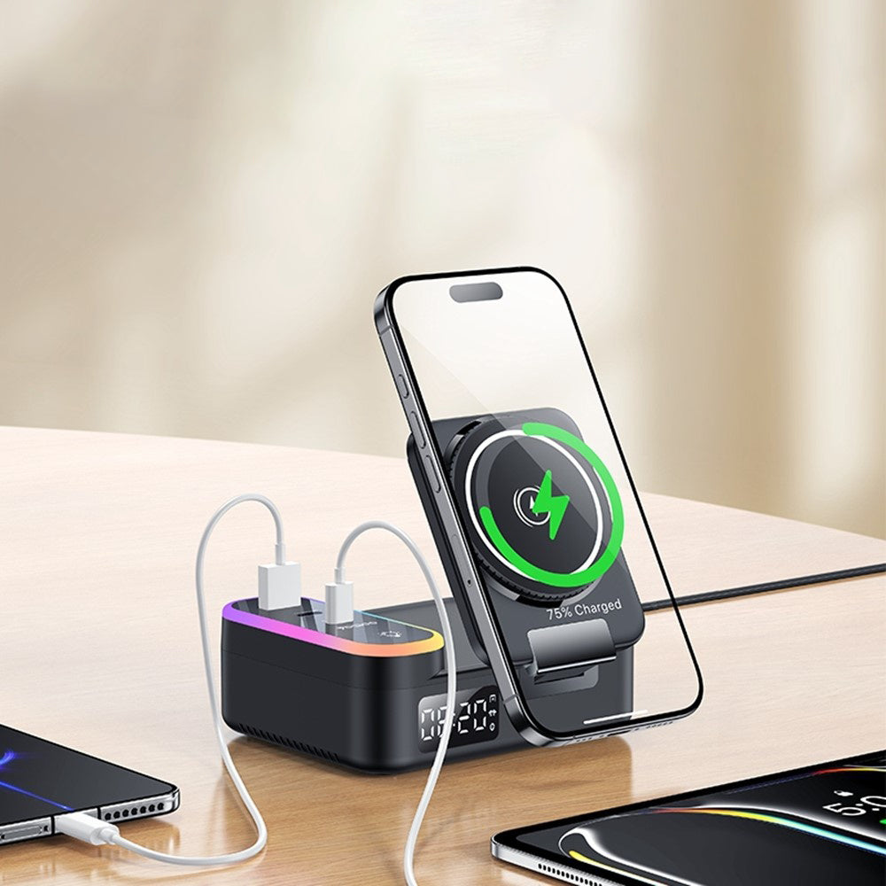 Yesido DS38 Display QI 3in1 Charging Station, 65W, 3A, 1 x USB-A - 2 x USB-C, Black