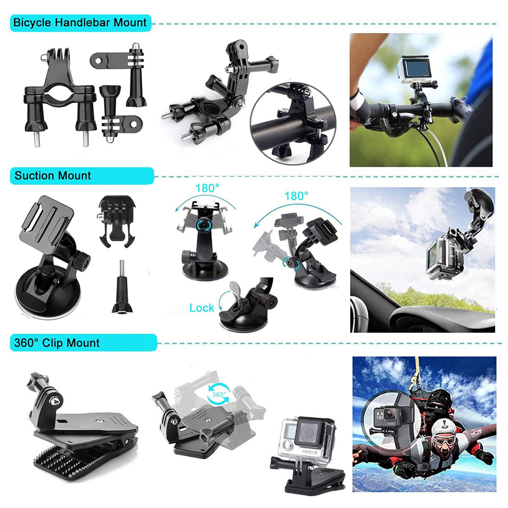 Kit de Accesorios para Cámara Deportiva Techsuit SA50 para GoPro / Serie SJCAM, 50 en 1, Negro
