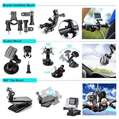 Kit de Accesorios para Cámara Deportiva Techsuit SA50 para GoPro / Serie SJCAM, 50 en 1, Negro