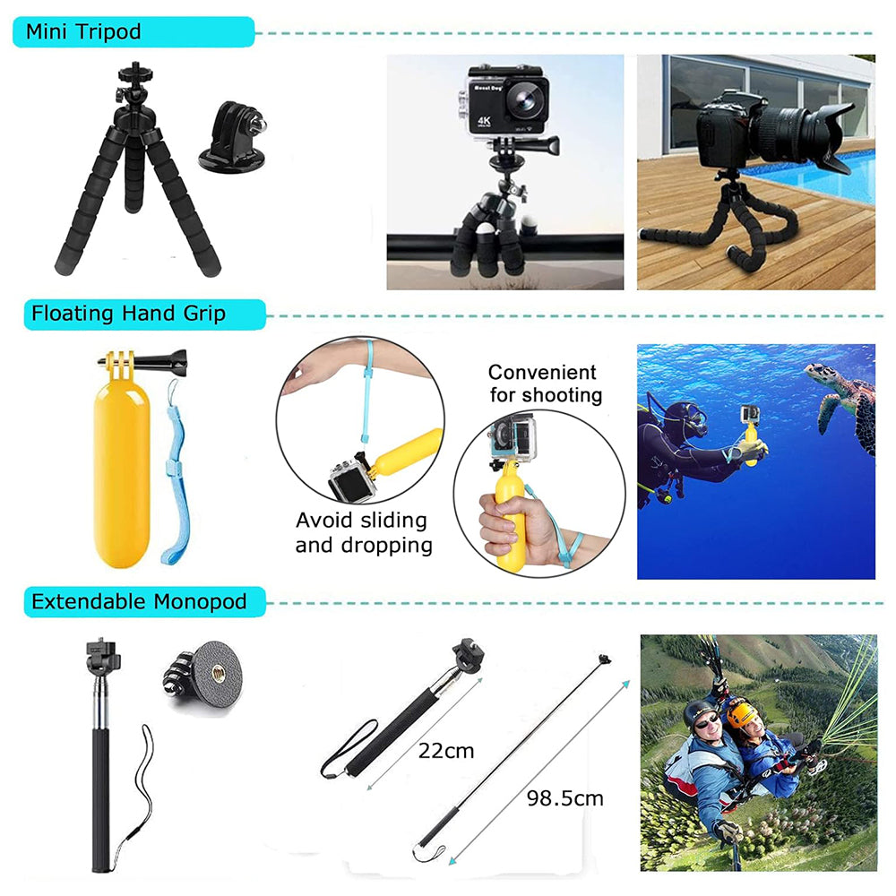 Kit de Accesorios para Cámara Deportiva Techsuit SA50 para GoPro / Serie SJCAM, 50 en 1, Negro