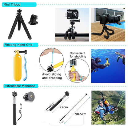 Kit de Accesorios para Cámara Deportiva Techsuit SA50 para GoPro / Serie SJCAM, 50 en 1, Negro