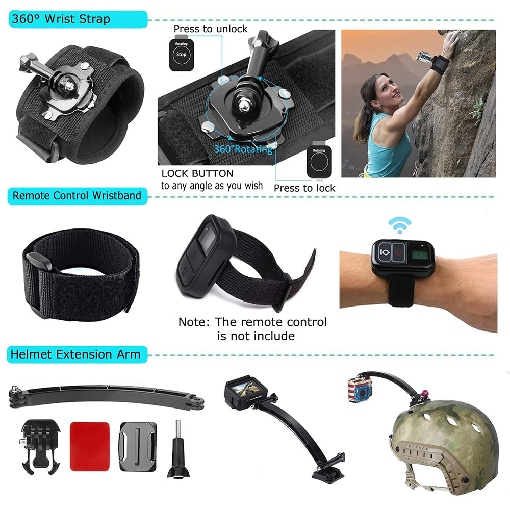 Kit de Accesorios para Cámara Deportiva Techsuit SA50 para GoPro / Serie SJCAM, 50 en 1, Negro