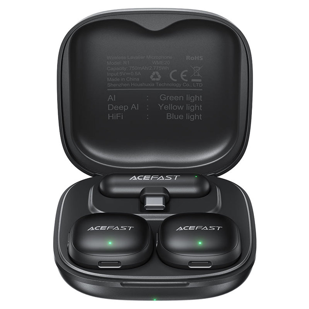 Lavalier Acefast R1, USB-C, Set 2 piezas, Negro