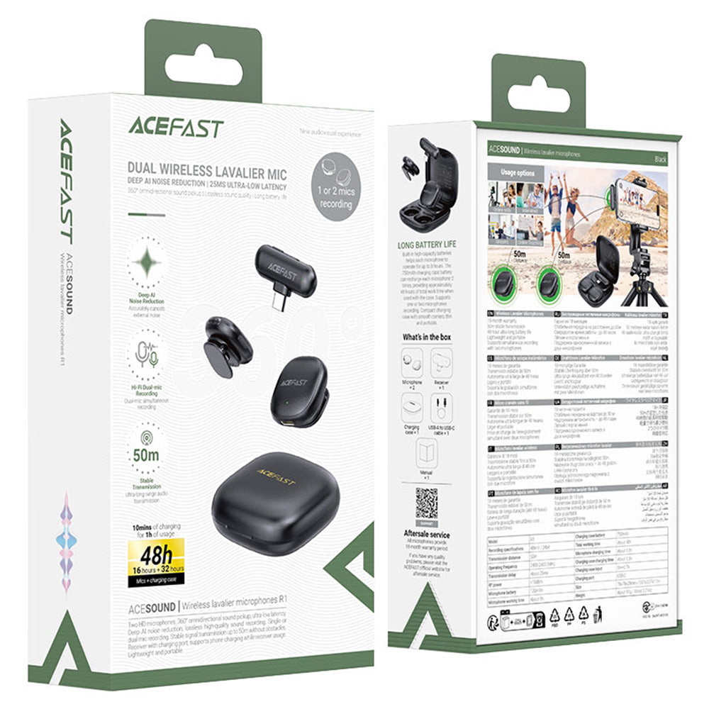 Lavalier Acefast R1, USB-C, Set 2 piezas, Negro