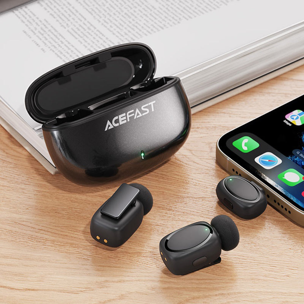 Lavalier Acefast R2, USB-C, Set 2 piezas, Negro