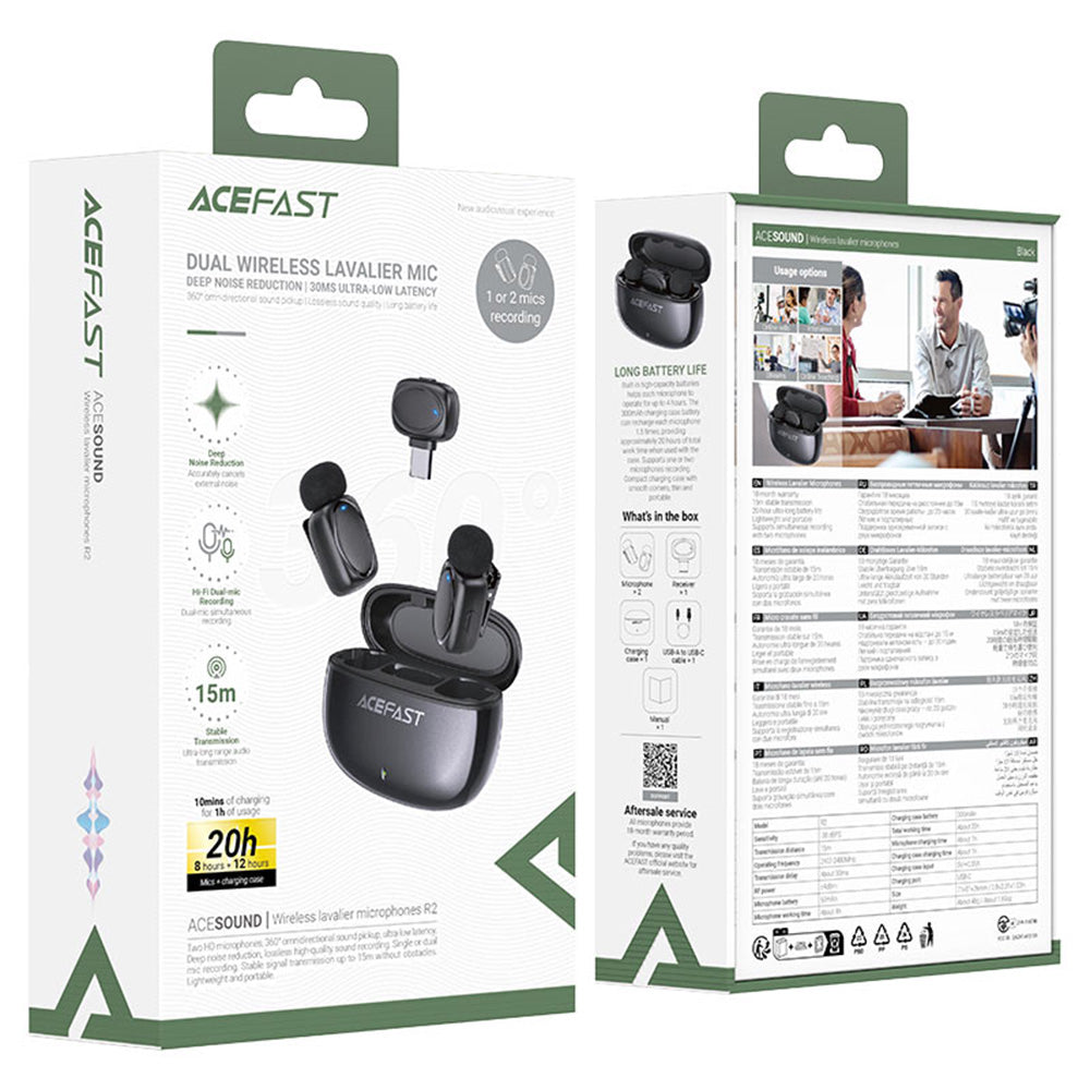 Lavalier Acefast R2, USB-C, Set 2 piezas, Negro