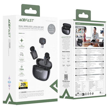 Lavalier Acefast R2, USB-C, Set 2 piezas, Negro