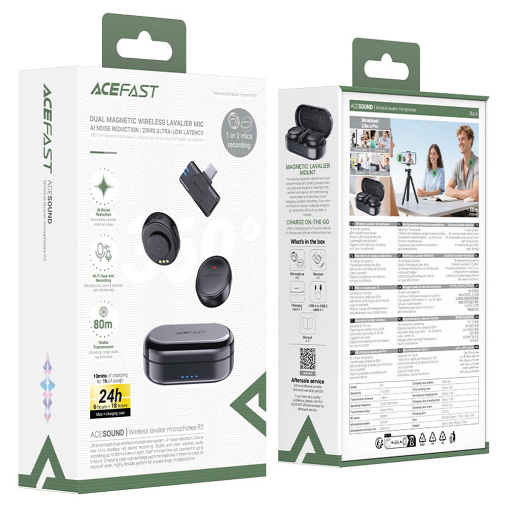 Lavalier Acefast R3, USB-C, Set 2 piezas, Negro
