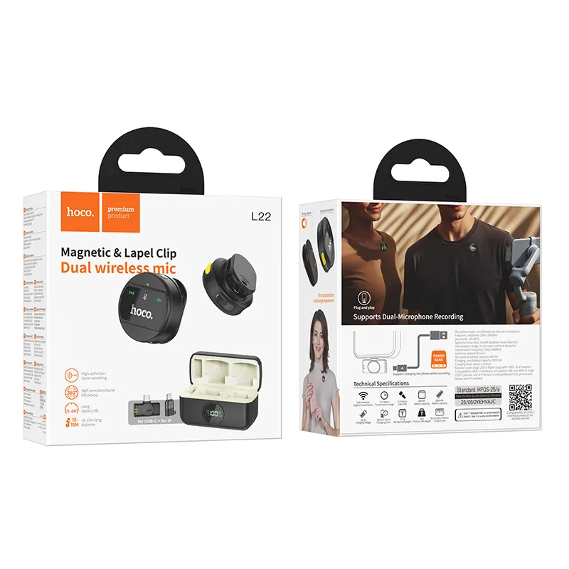 Lavalier HOCO L22, USB-C / Lightning, Set 2 piezas, Negro