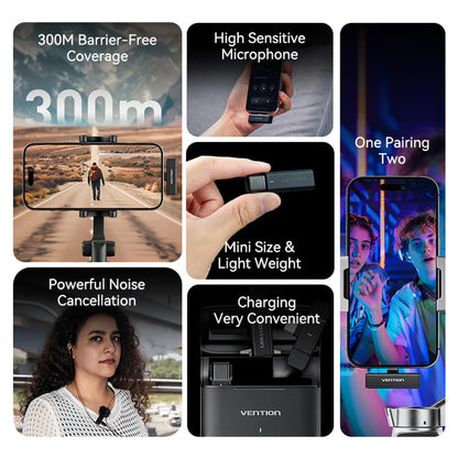 Lavalier Vention Clip-On, USB-C, Set 2 piezas, Negro