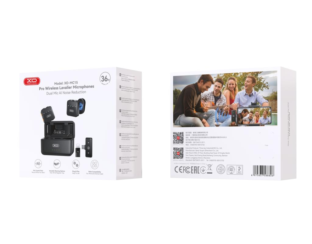 Lavaliera XO Design MC15 Dual, USB-C / Lightning, Set de 2 piezas, Negra