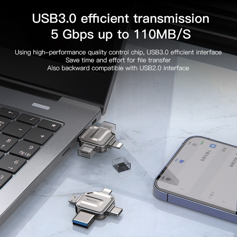 Memoria Externa USB-A 3.0 / Lightning / USB-C / microUSB Yesido FL15, 64Gb