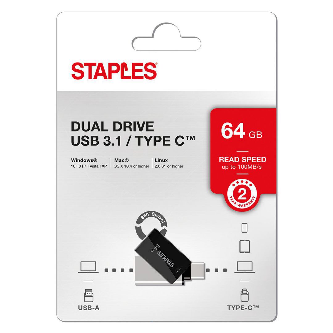 Memoria Externa USB-A 3.1 / USB-C Staples K23, 64Gb EKMMD64GK233CST