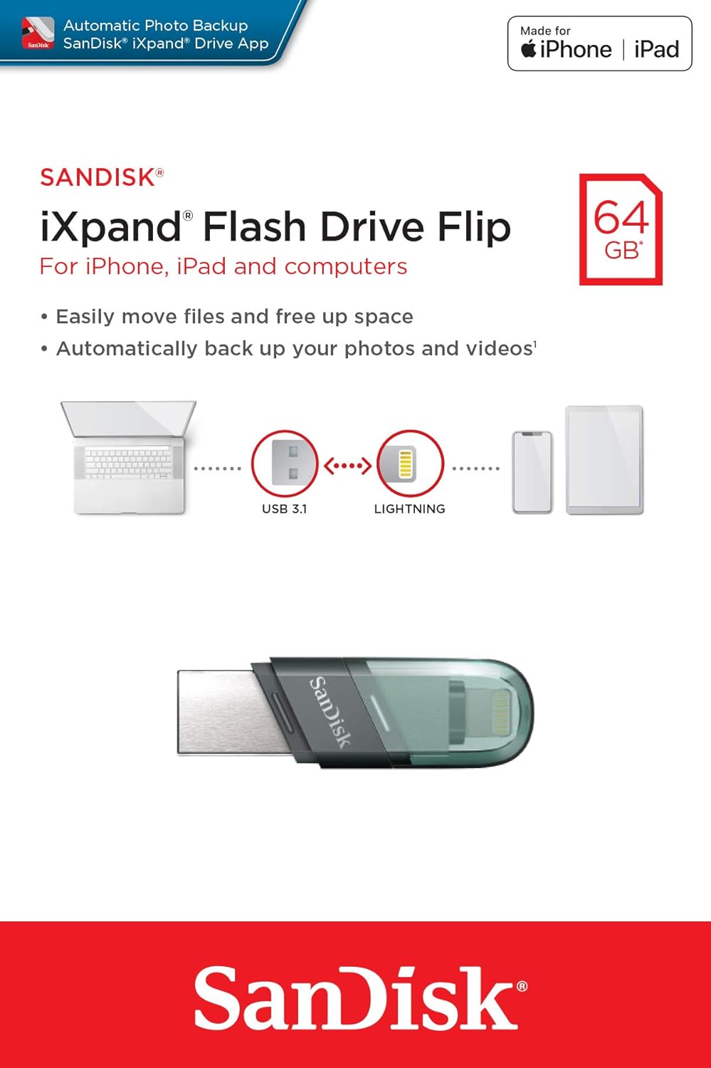 Memoria externa USB-A 3.1 / Lightning SanDisk iXpand Flip, 64Gb SDIX90N-064G-GN6NN