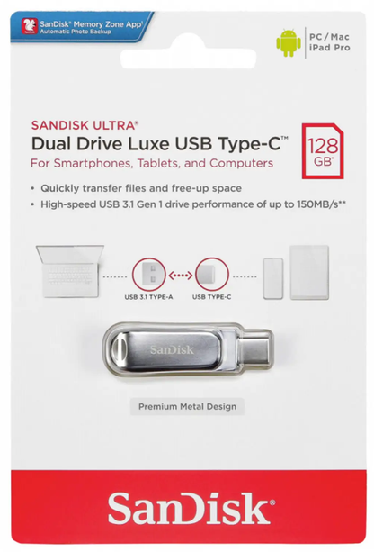 Memoria Externa USB-A 3.2 / USB-C SanDisk Ultra Luxe Dual Drive, 128Gb SDDDC4-128G-G46