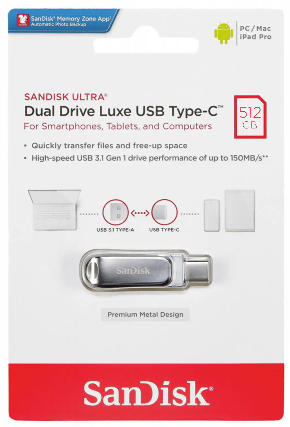Memoria Externa USB-A 3.2 / USB-C SanDisk Ultra Luxe Dual Drive, 512Gb SDDDC4-512G-G46