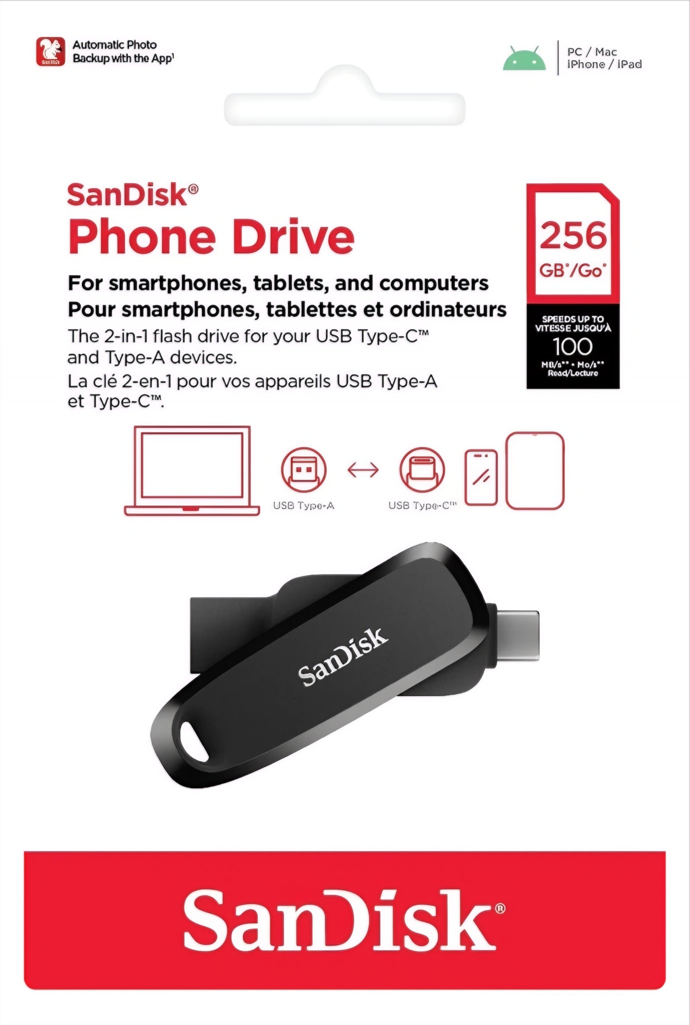 Memoria externa USB-A 3.2 / USB-C SanDisk Phone Drive, 256Gb SDDDC6-256G-G46