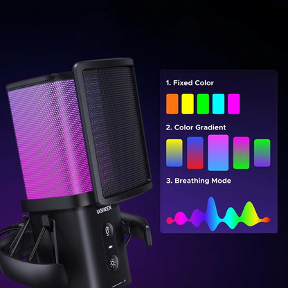 Micrófono Cardioide UGREEN CM581 (65629), RGB, USB-C, 1.5m, Negro