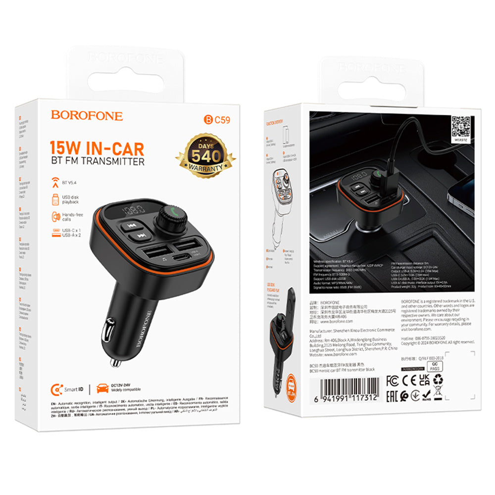 Modulador FM Bluetooth Borofone BC59 Heroic, 2 x USB-A - 1 x USB-C