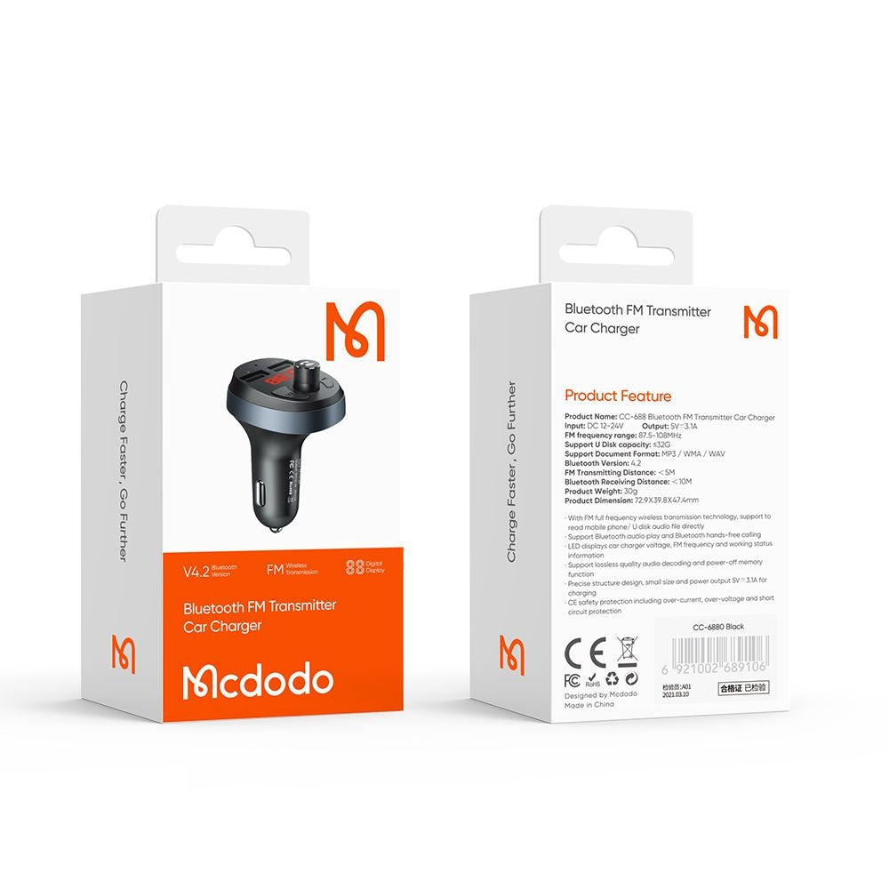 Modulador FM Bluetooth McDodo, 2 x USB-A