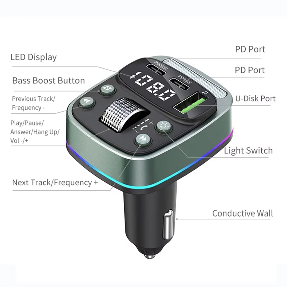 Modulador FM Bluetooth Techsuit EchoDrive, 1 x USB-A - 2 x USB-C