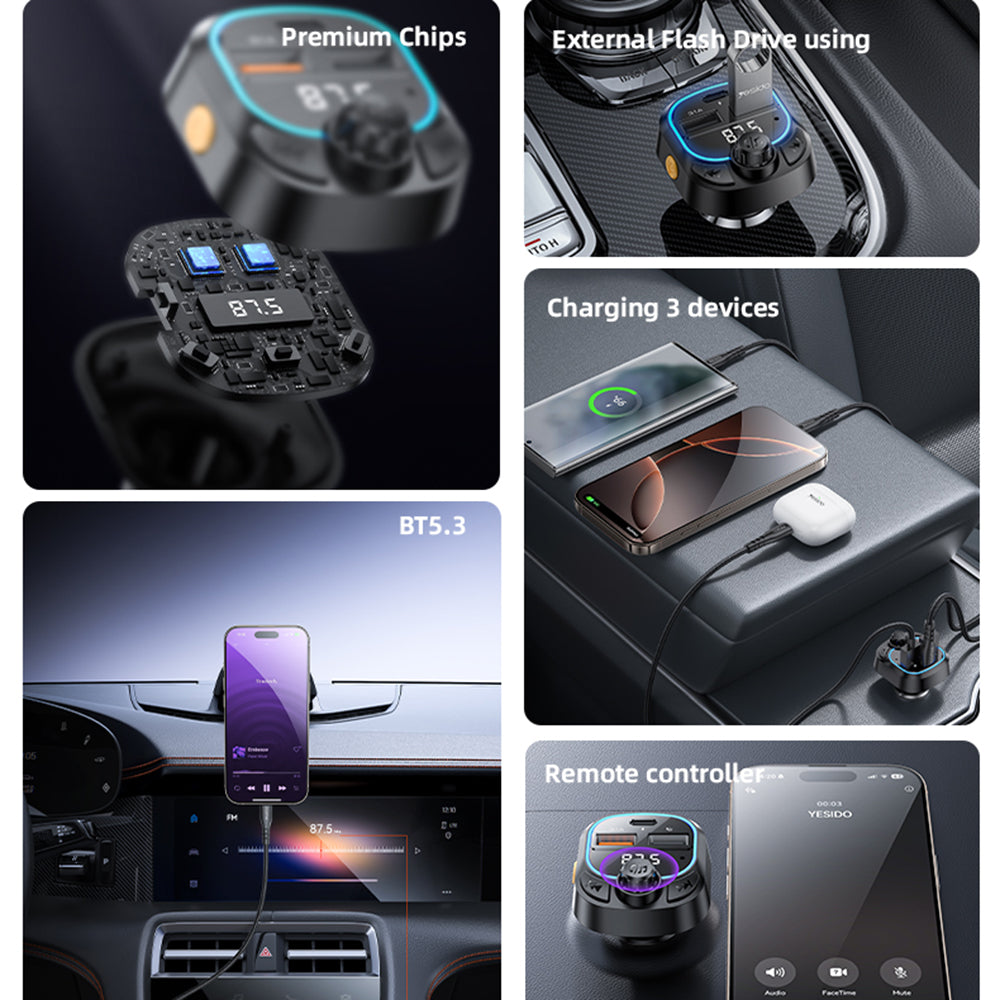 Modulador FM Bluetooth Yesido Y70, 2 x USB-A - 1 x USB-C