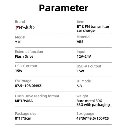 Modulador FM Bluetooth Yesido Y70, 2 x USB-A - 1 x USB-C