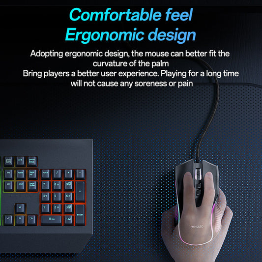 Mouse Gaming con cable USB Yesido KB20, RGB, 1000DPI - 7200DPI, Negro