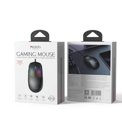 Mouse Gaming con cable USB Yesido KB32, RGB, 7200DPI, Negro