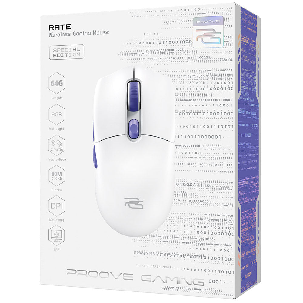 Mouse Gaming Inalámbrico Proove Rate Edición Especial, 800DPI - 12000DPI, Blanco CMRTWRS03002