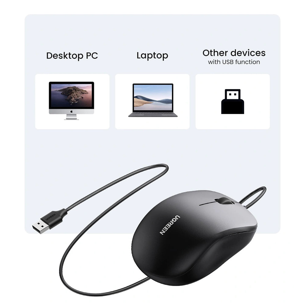 Mouse Wired USB UGREEN MU007, 1200DPI, 1.5m, Negro