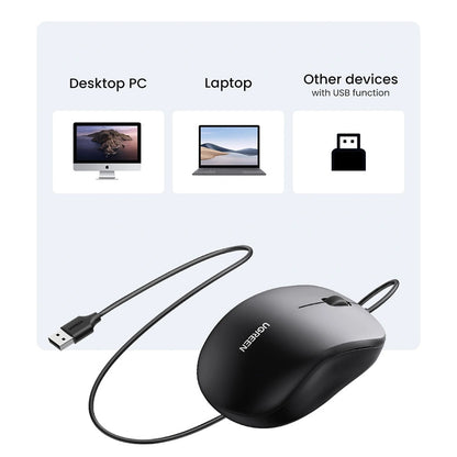 Mouse Wired USB UGREEN MU007, 1200DPI, 1.5m, Negro