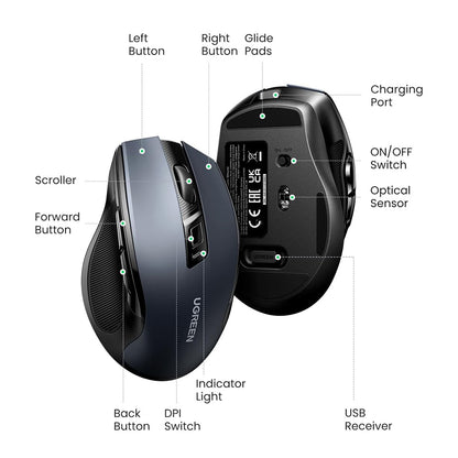 Mouse inalámbrico UGREEN MU006S (85082), 4000DPI, BT / Wi-Fi, Gris