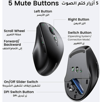 Ratón Inalámbrico UGREEN MU101, 4000DPI, BT / Wi-Fi, Negro