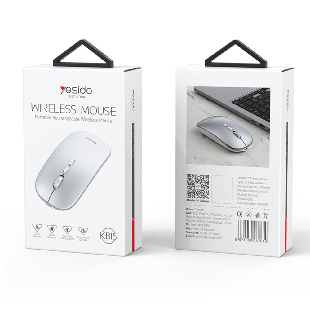 Mouse Wireless Yesido KB15, 800DPI - 1600DPI, Plateado