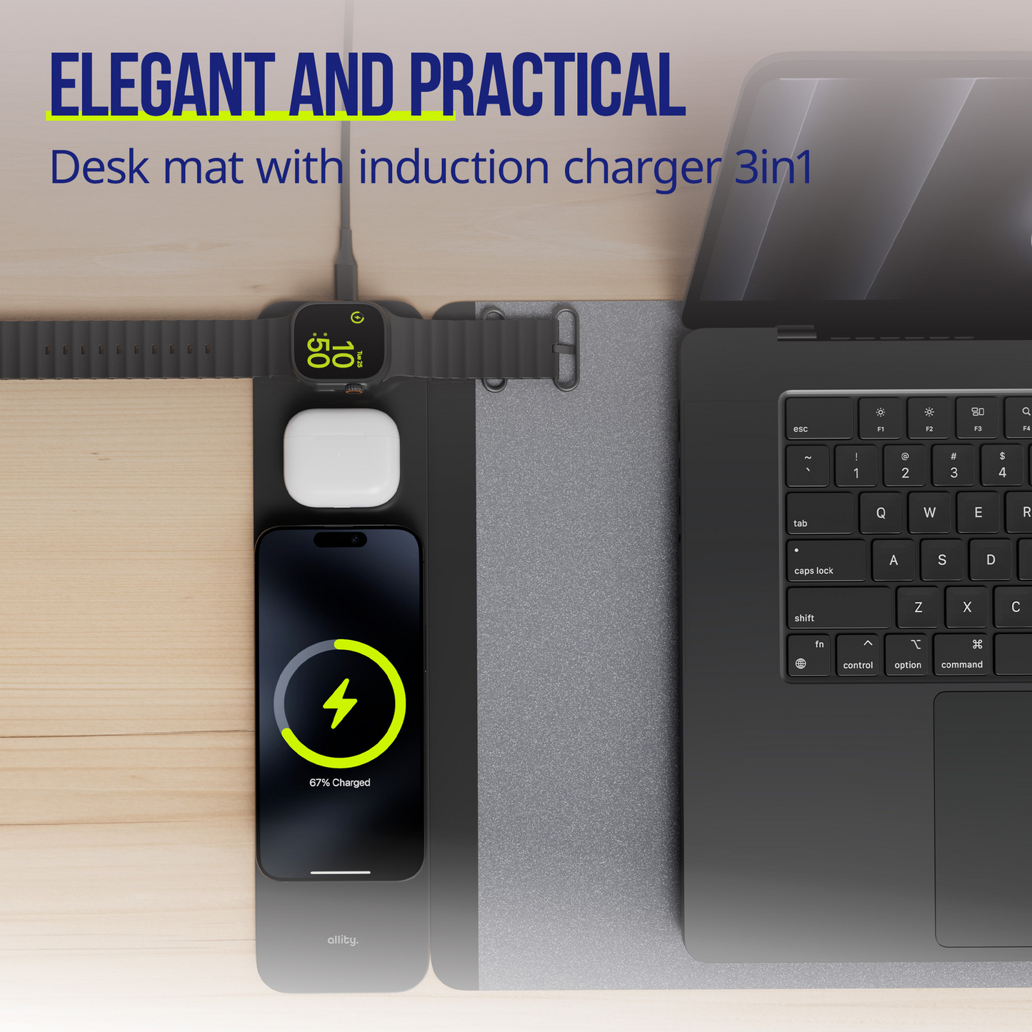 MousePad Allity. ALP-100 4en1 con Carga Inalámbrica para Teléfono / Reloj / Auriculares, Negro
