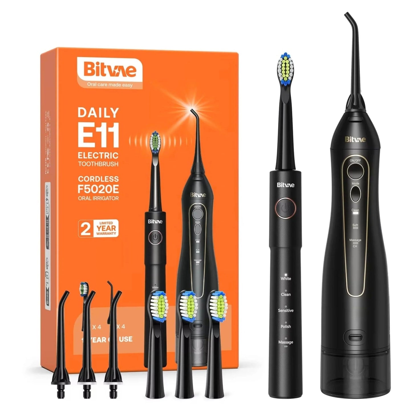 Cepillo de Dientes Eléctrico e Irrigador Bucal Bitvae E11 + F5020E, Negro