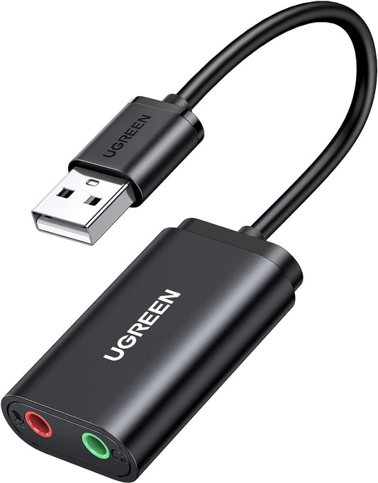 Tarjeta de sonido USB UGREEN US205, 2 x 3,5 mm jack, Negro 